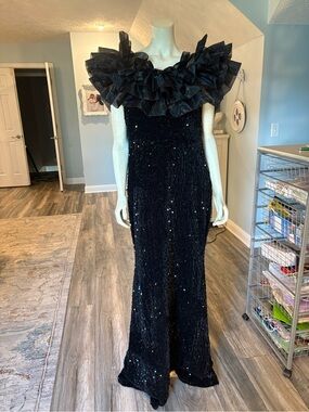 Faeries Black Sequin Ruffled Off-Shoulder Evening Dress